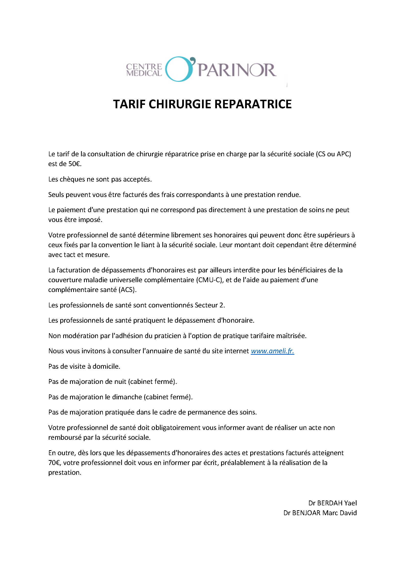 Tarifs chirurgie Reconstructrice 